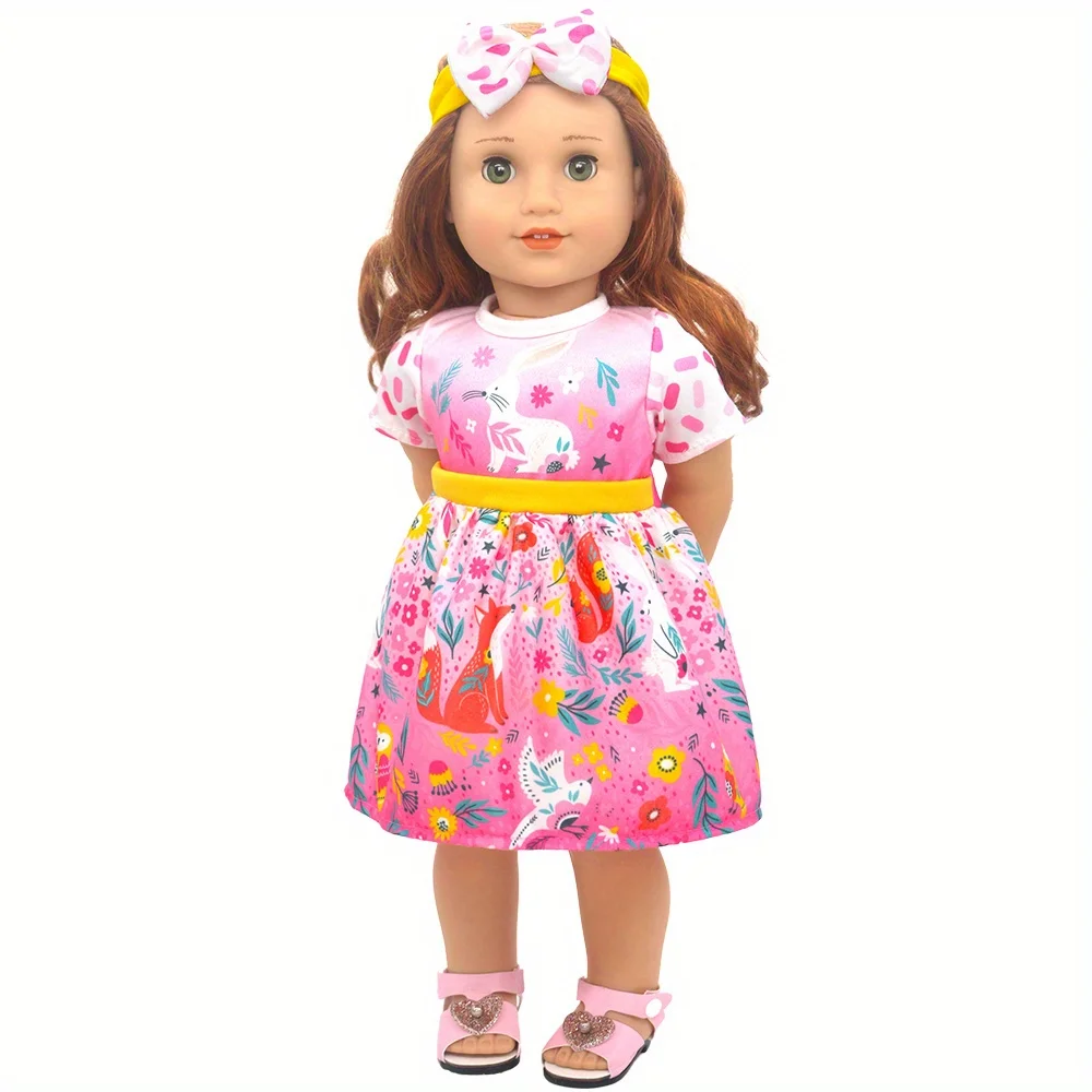 Girl doll clothes suitable for 18-inch American dolls (product does not include doll and shoes)Gradient pink rabbit floral skirt
