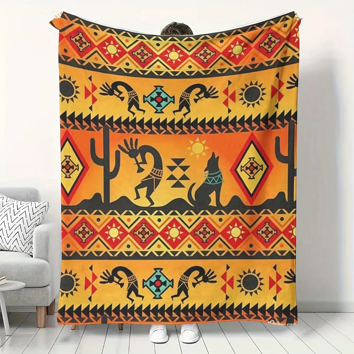 Southwest Native Ethnic Style Kokopelli Wolf Cactus Geometric Tribal Pattern Flannel Blanket Warm Cozy Printed Throw Blanket