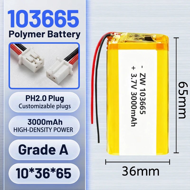 

103665 3.7V 3000mAh Lithium Polymer Rechargeable Battery For Speaker GPS Smart Lock Mini Fan Camera