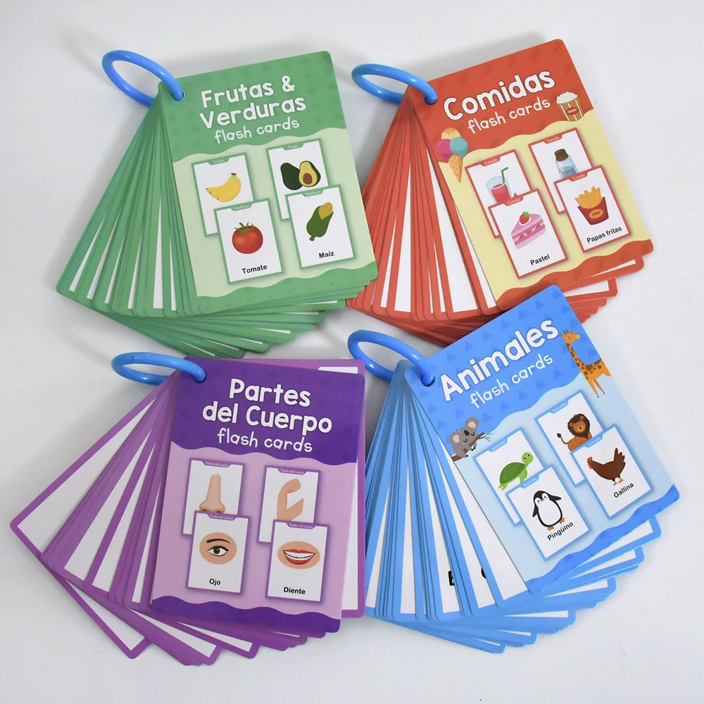 4 temas, frutas, verduras, alimentos, animales, partes del cuerpo, tarjetas de vocabulario español para niños, tarjetas educativas para escuela en casa, material didáctico