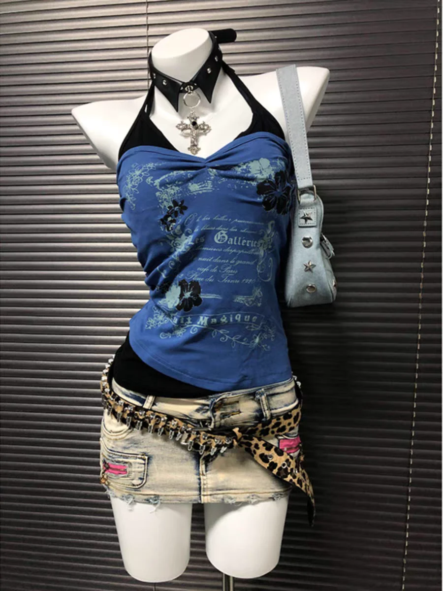 

Gothic Vintage Patchwork Print Edgy Y2k Clothes Tank Tops T-shirt Fake Two Pieces Tops Women Summer Sweet New Trendy Short Tees