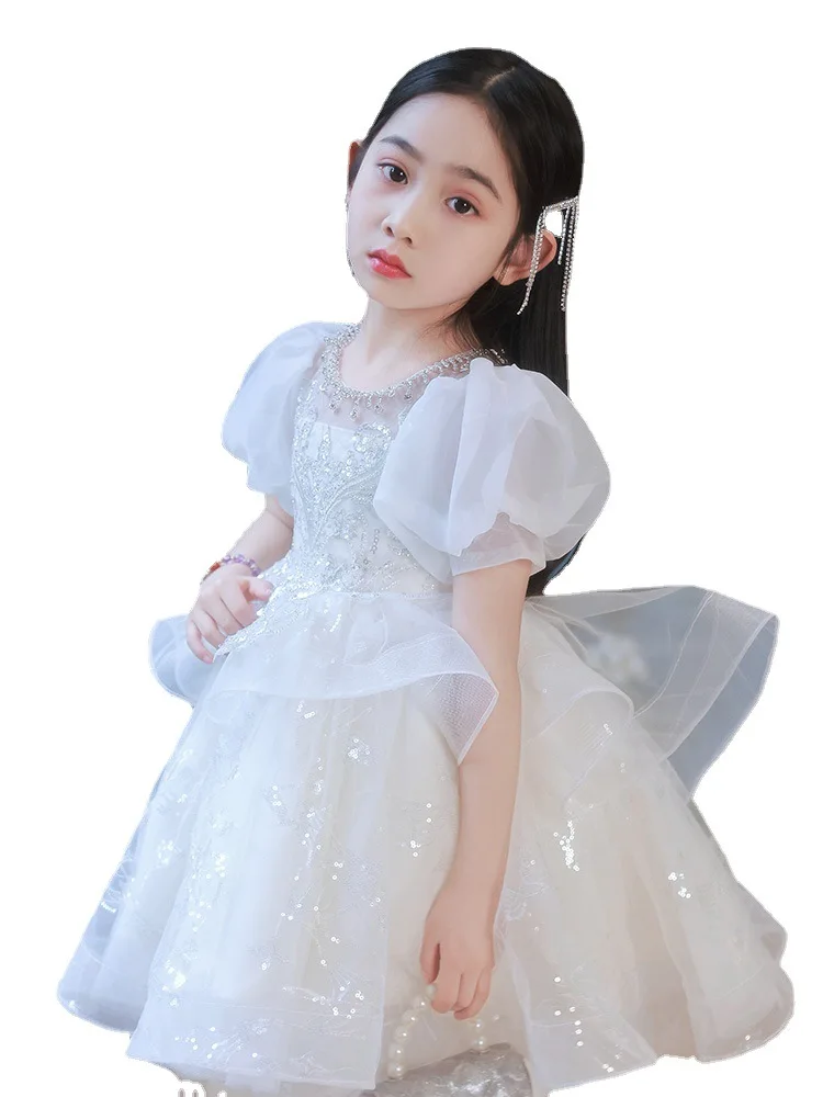 Flower Girl White Sequins Dress Children Birthday Baptism Dresses For Kids Elegant Frocks Girls Boutique Party Wear Vestidos