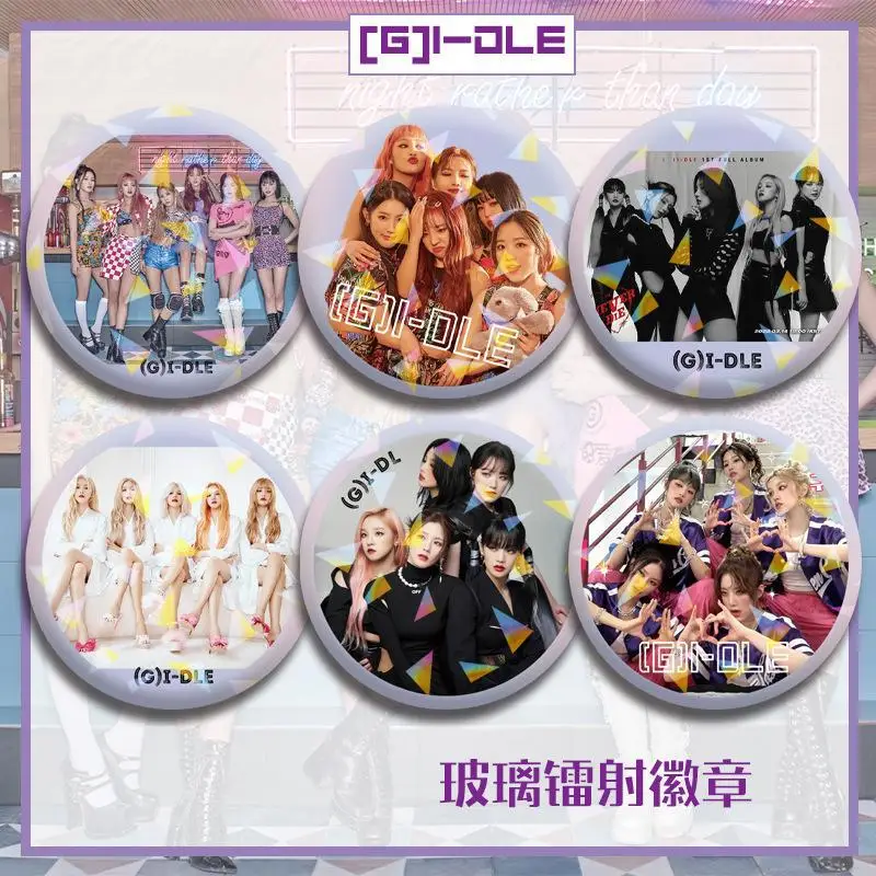 KPOP G IDLE Badge Album Round Brooch Idol Group Frosted Laser Characters Printed Badge Pin Fans Collection Gift