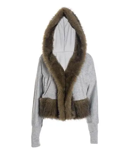 Outono e inverno cor sólida gola de pele retalhos com capuz jaqueta curta para personalidade casual feminina jaqueta de manga curta