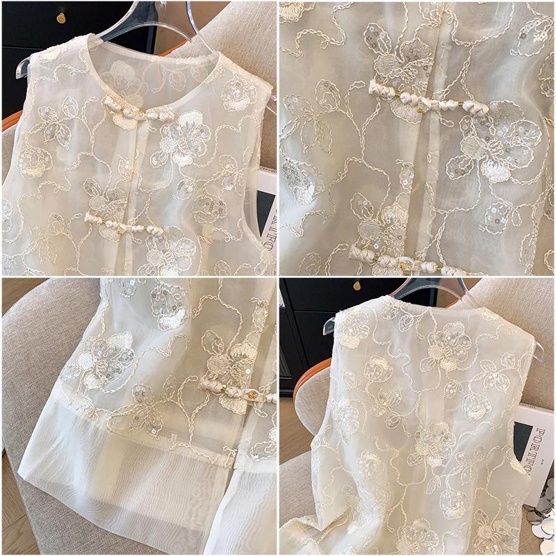New Chinese Style Women's Spring Summer Large Size Embroidered Button round Neck Vest Retro Jacket Elegant Top Commute Style