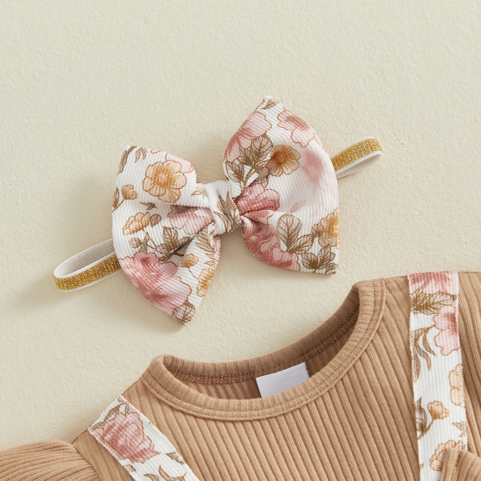 Cute Baby Girl Fall Patchwork Romper Floral Print Bow Long Sleeve Jumpsuits With Headband