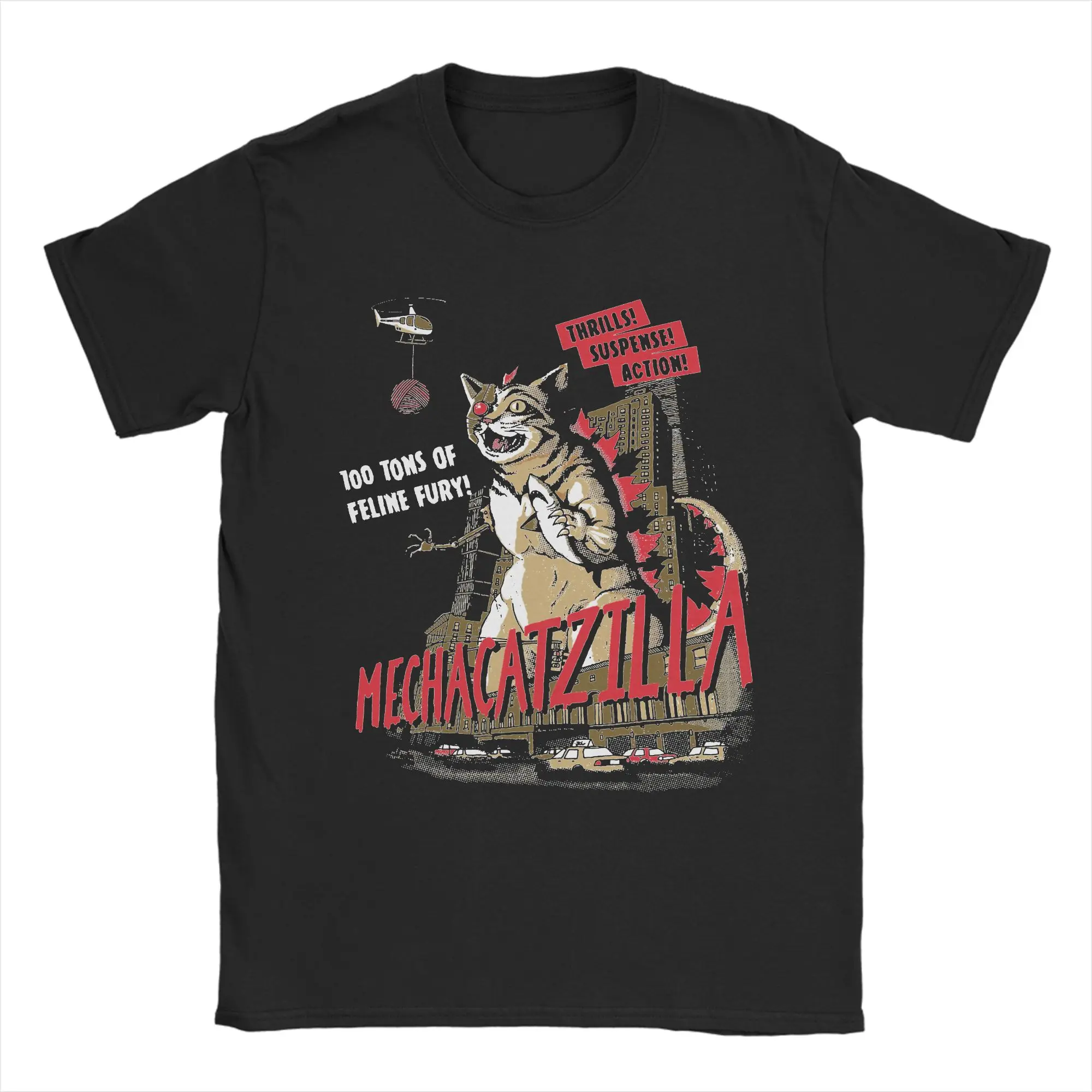 Men Mecha Catzilla T Shirts Horror Monster Cat Robot Cyborg 100% Cotton Tops Casual Round Neck Tee Shirt New Arrival T-Shirt