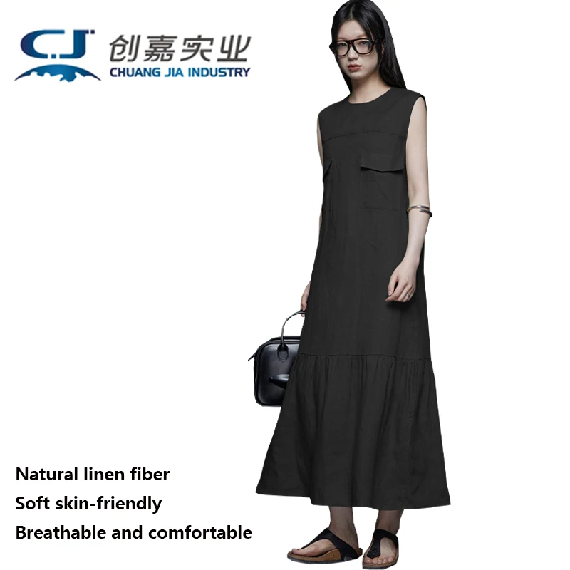 High-end Linen Women's Sleeveless Dress Original High Gauge Green Long Dress Youth Fashion Outdoor Casual Women's Clothing