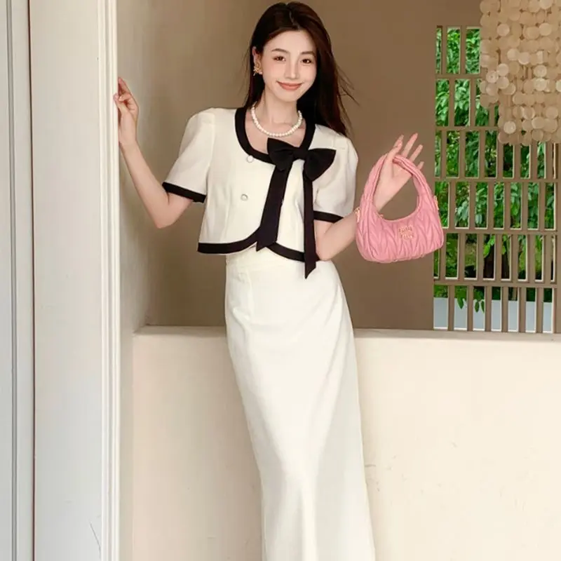

Two-piece French Bow Color-blocking Skirt Fashion Suit Summer 2025 New Women's Clothing High-end