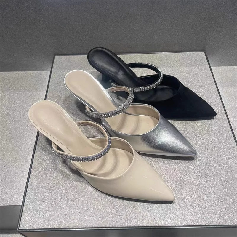 

Summer new fashion sandals with shiny rhinestones for women, pointed-toe high heels, closed-toe mules