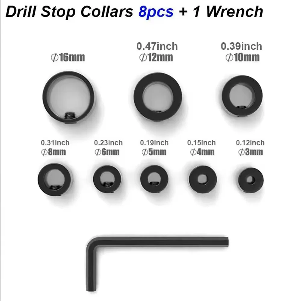 3-16mm Drill Stoper Collar Set Adjustable Metric Drill Stop Ring with Hex Wrench Tighten Drill Bit Limiter Woodwork Tools
