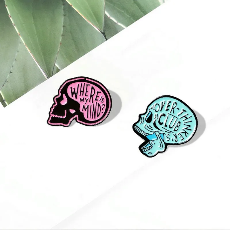 mind? Enamel Pins Custom Overthink Skull Brooches Lapel Pin Shirt Bag Skeleton Badge Humor Jewelry Gift for Friends Where is my