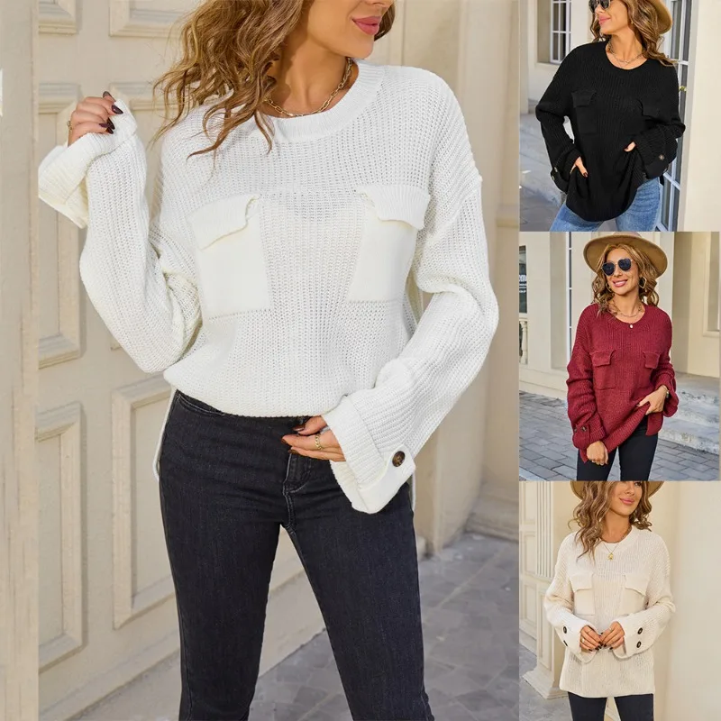 

2025 Autumn/Winter New European and American Solid Color Loose Large Lazy Knitted Sweater Pocket Long Sleeve Top Round Neck