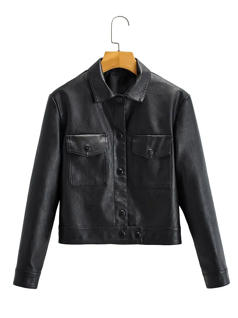 Fashion Chic PU Leather Blouse Women Jacket Cropped Solid Buttons Up Winter Autumn Women's Shirt Top Stylish Blouses Pink Black