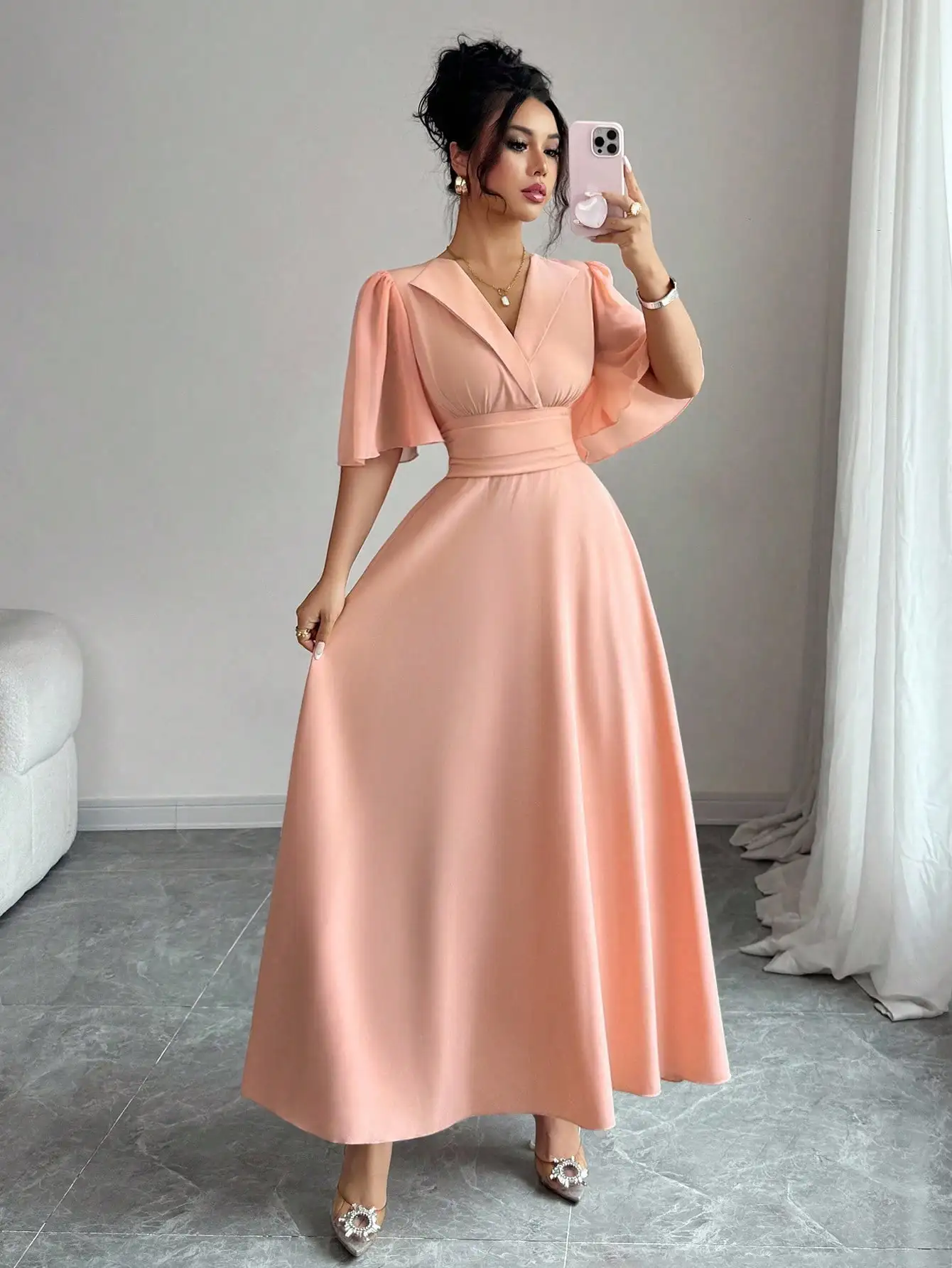 

Elegant Peach V-Neck Wrap Dress with Puffed Sleeves and Waist Belt