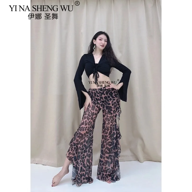 

Belly Dance Costumes Women Practice Modal Double Bow Tie Top Black Rice Leopard Pattern Mesh Lace Large Swing Pants Professional