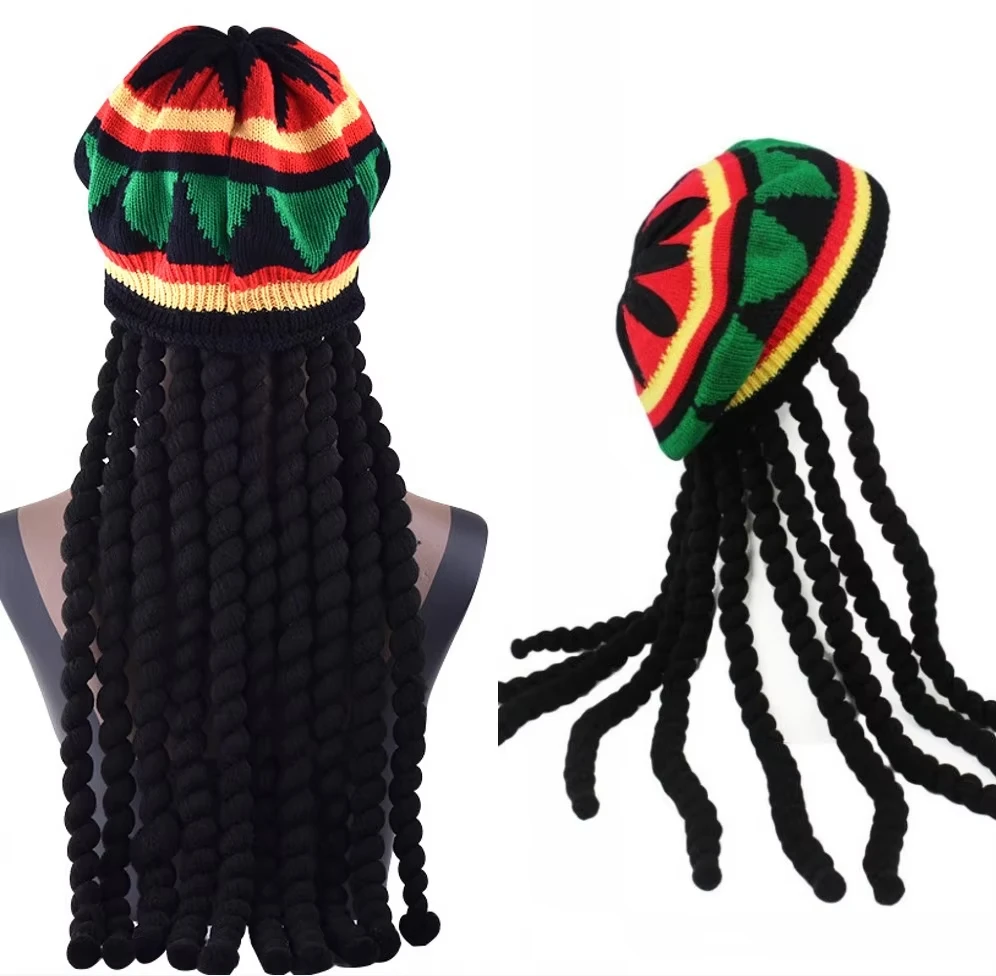 Unisex Knitted Braid Hat Jamaican  Beanie Hats Hip Hop Cap Men Dreadlocks Wig Bob Marley Caribbean Fancy Dress Headwear hat