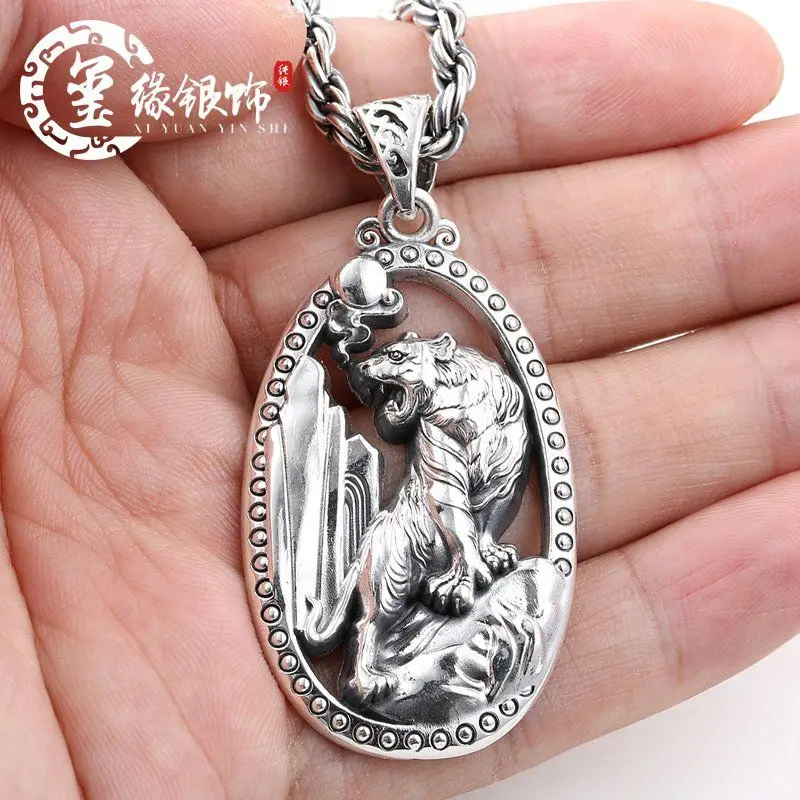 Zodiac Tiger Sterling Silver Pendant Amulet Tiger Xiao Shanhe Silver Pendant Personality Domineering Men's Silver Necklace Thick