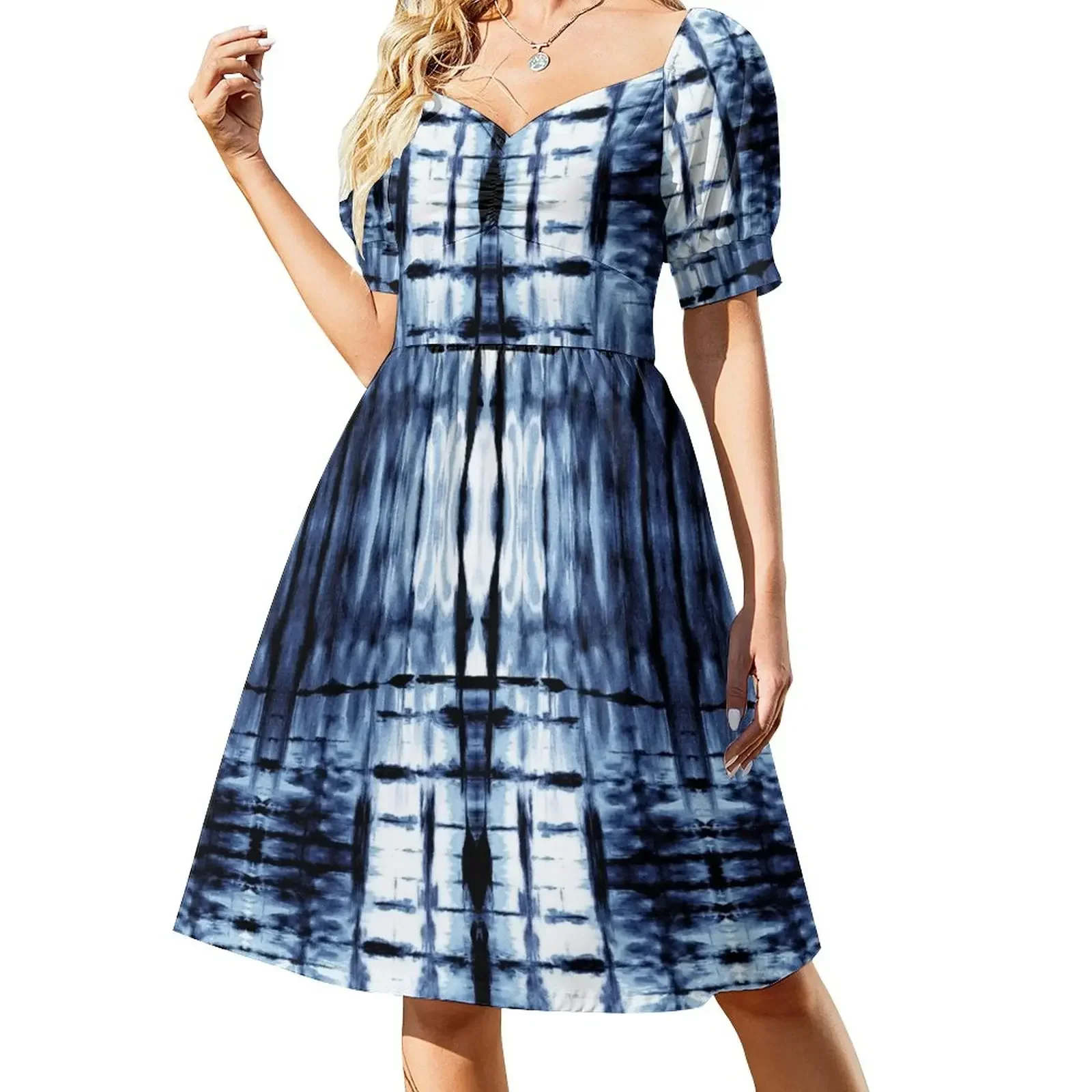 

Blue Shibori Plaid Sleeveless Dress summer dresses womens 2025 Women's summer dress summer dress korean women