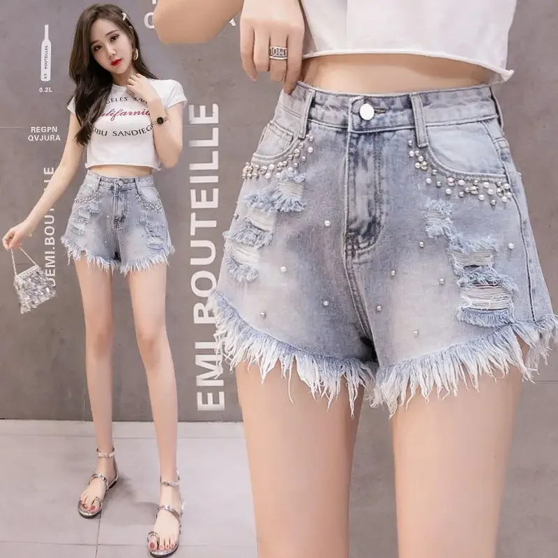 Shorts jeans largos rasgados femininos, jeans elegante estilo coreano, jeans curto de verão, ao ar livre para vestir, quente, moda Harajuku