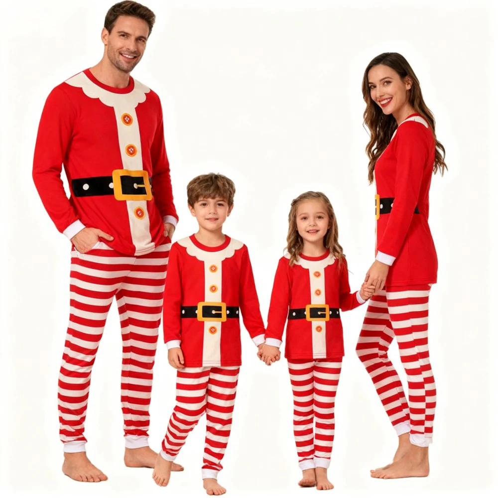 Family Christmas Pajamas Set Santa Claus Costumes Long Sleeve Sleepwear for Dad Mom Kids Soft Pjs with Striped Pants for Xmas