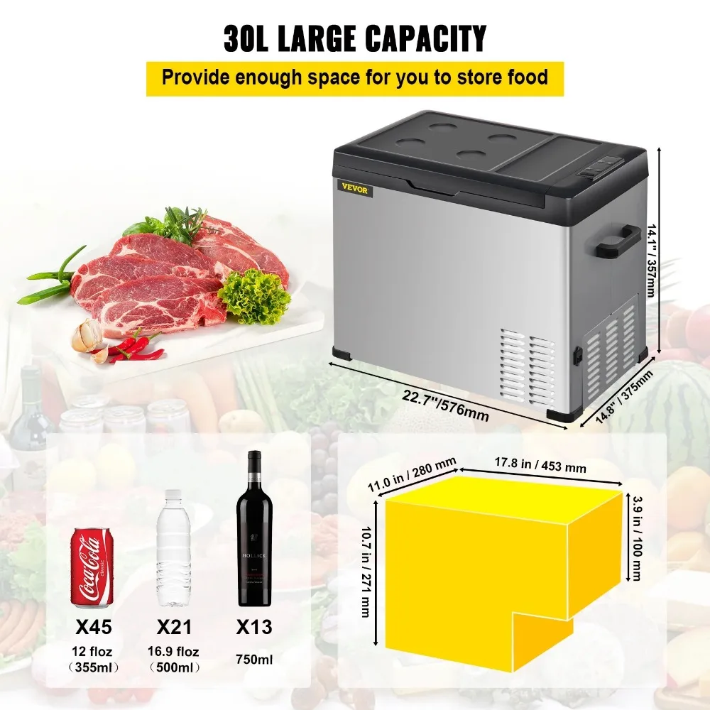 Refrigerador portátil do carro 32 qt, congelador portátil 12v com única zona, 12/24v dc e 110-240v ac refrigerador elétrico, novo, 2024