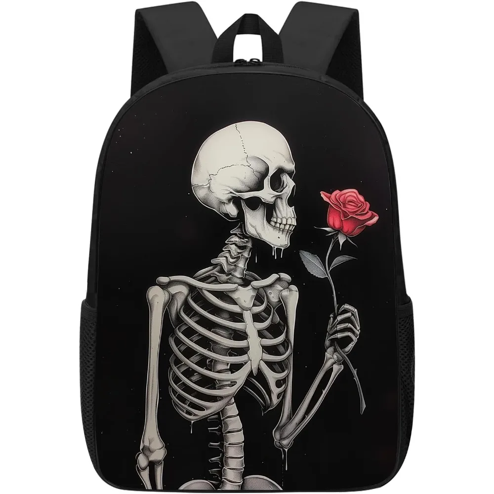 

Goth Skull Backpack, Funny Halloween Skeleton Holding A Red Rose Bookbag For Kids, Gothic Horror Skull Black School Backpacks