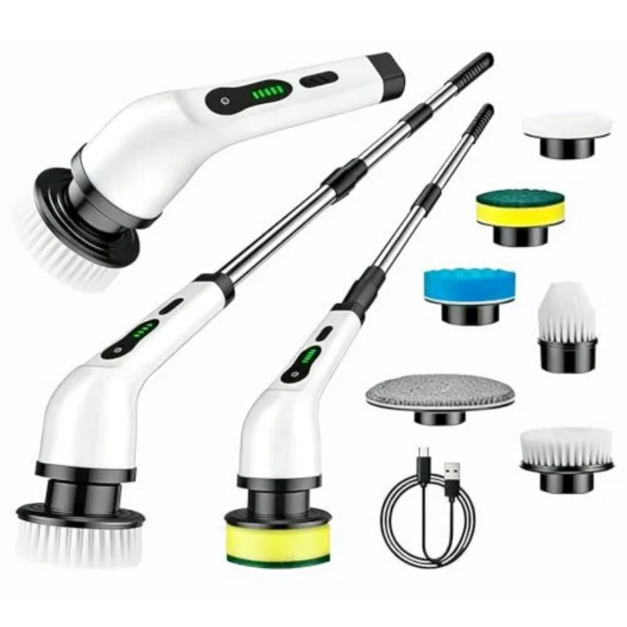 

Electric Spin Scrubber for Bathroom: Cordless, Rechargeable, 6 Interchangeable Heads, Extendable 48-in Handle, White, Lightweig