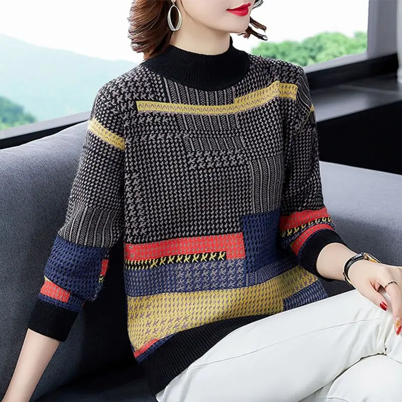 

Vintage Patchwork Knitted Sweaters Autumn Winter Casual Half High Collar Women's Clothing Fashion Jacquard Weave Loose Jumpers