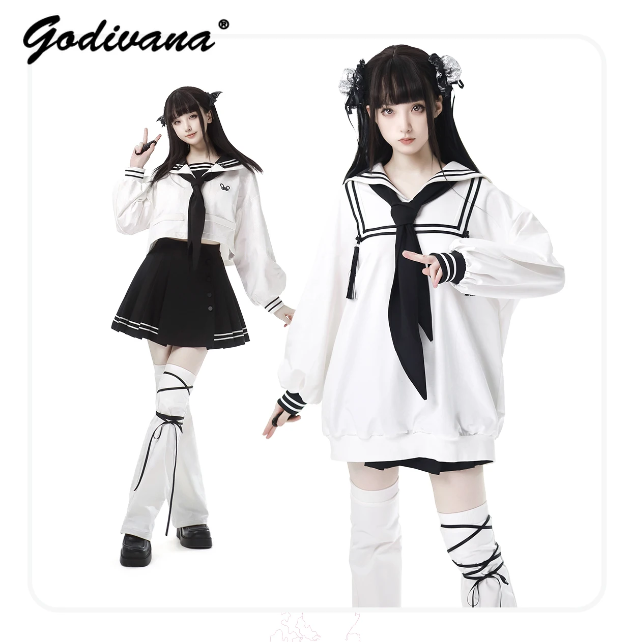 New Spring and Autumn Girls Sailor Collar Long Sleeve Academy Uniform Shirt Pleated Short Skirt 2 Piece Set Female Skirt Suits