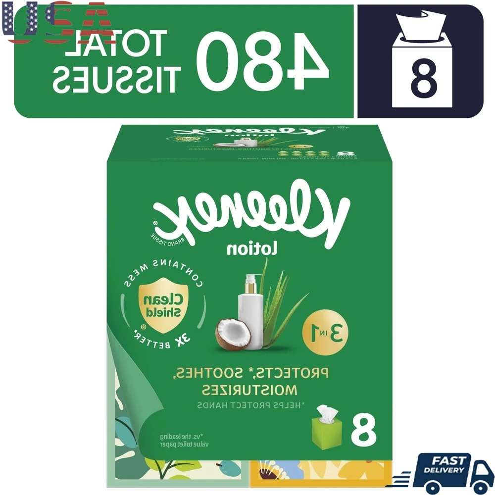 

Lotion Facial Tissues 3-Ply 60 Count Box 8 Pack Coconut Oil Aloe Moisturizing Tissues Soft Gentle Care Clean Shield Technology