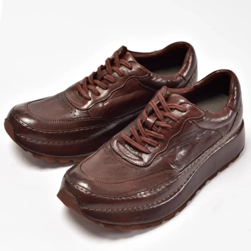 

Genuine Leather Handmade Sewing Derby Shoes for Men's Casual Thick Soled Heightening Shoes Breathable Washed Horsehide Goodyear