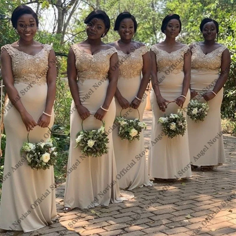 

Long V Neck Mermaid Champagne Bridesmaid Dresses 2026 Formal Wedding Guest Party Dresses vestidos de fiesta elegantes