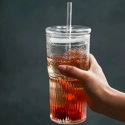 600ml Large Capacity High-temperature Resistant Striped Glass Cup with Transparent Lid Straw Drinking Cup Juice Cup