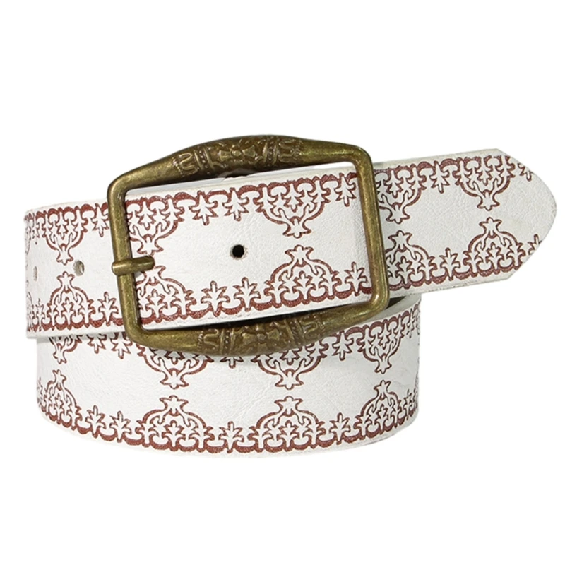 Women Vintage Waist Belt with Antique Bronze Buckle Engraved Embossed Floral PU Faux Leather Belts Adjustable Waistband