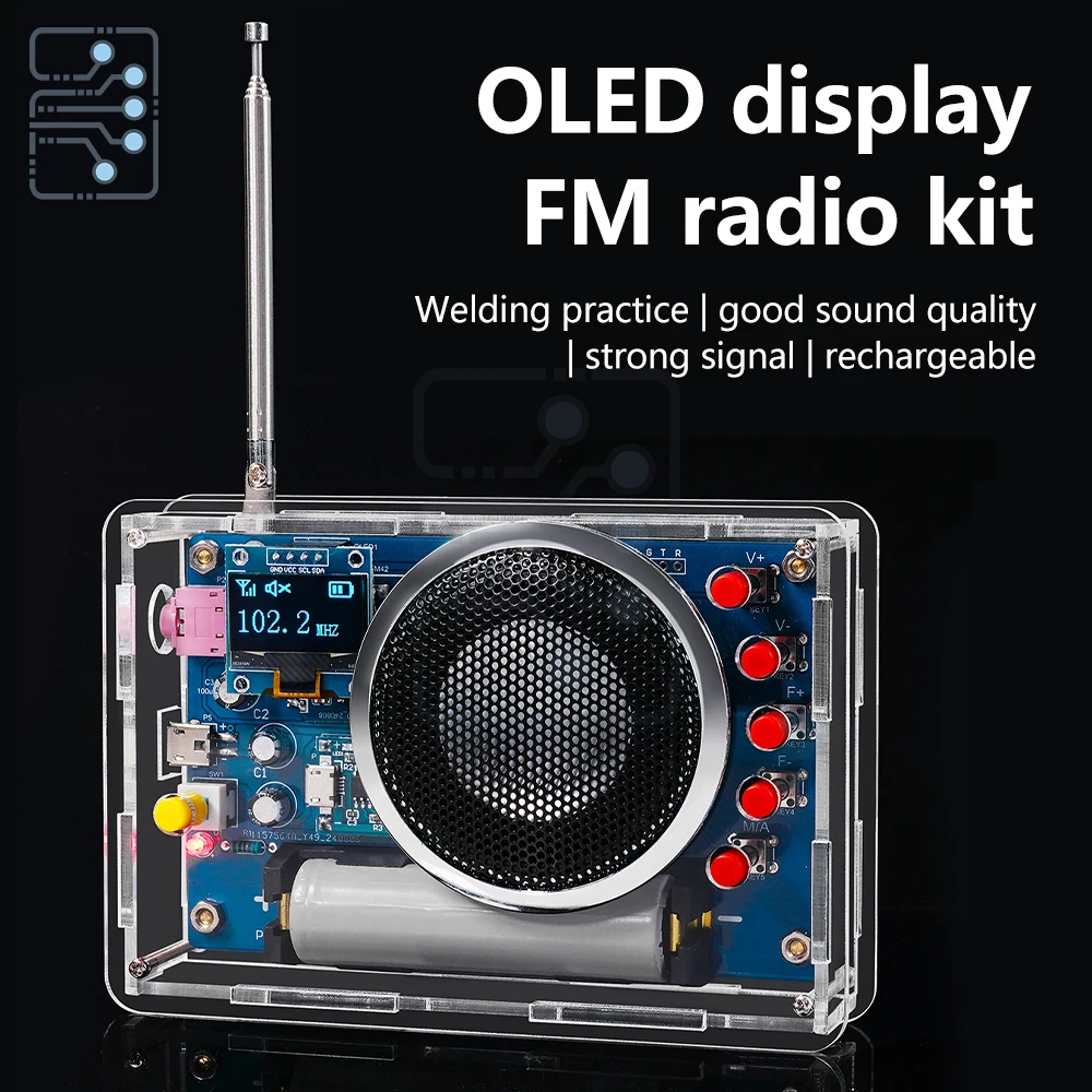 

OLED Display Radio DIY Kit Rechargeable FM 87-108MHZ 18650 Lithium Battery Powered Circuit Board Soldering Electronic DIY Parts