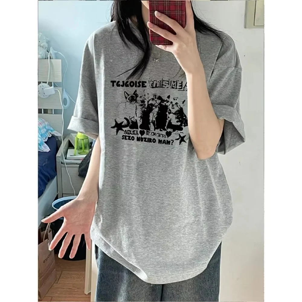 

American Retro College Style Unisex Cat Print Oversize Short Sleeved T-shirt - Trendy Soft Daily & Campus Wear