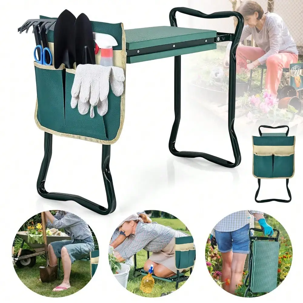 Tabouret et genouillère de jardin pliable 2-en-1 avec coussin EVE et sac à outils, capacité de 150 kg, 58x27,5x50 cm en vert – Protection des genoux pour la plantation et le désherbage, idéal pour les personnes âgées, les jardiniers à domicile et les passionnés de jardinage sur balcon.
