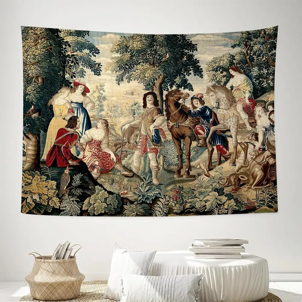Vintage Renaissance Tapestry Wall Hanging European Style Art Decor Boho Living Room Picnic Scene Fabric Canvas
