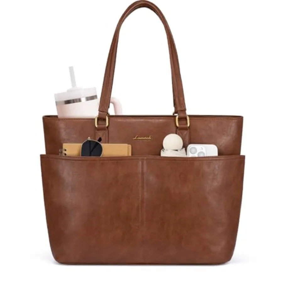 Laptop Bag for Women, Vtage Leather Work Tote Bags with Large Cup Holder, Teacher Nurse Medical Professional Computer Bag, Offi