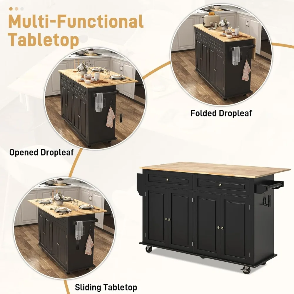 جزيرة مطبخ محمولة مقاس 63 بوصة مع أوراق شجر قابلة للسقوط وتخزين ومخرج طاقة على عجلات #3