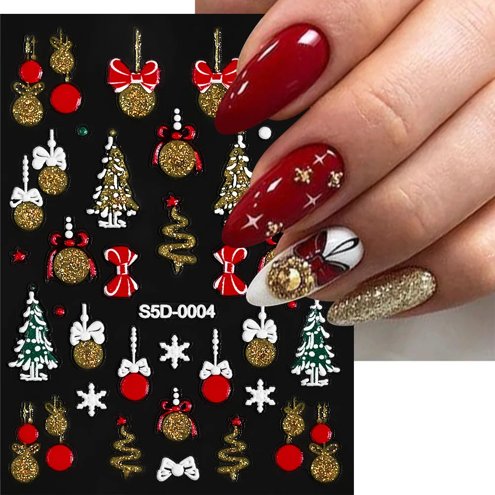 5D تنقش الذهبي بريق عيد الميلاد الكرة مسمار ملصق الأبيض ندفة الثلج القوس قلادة ذاتية اللصق مسمار الفن الديكور عيد الميلاد ملصق