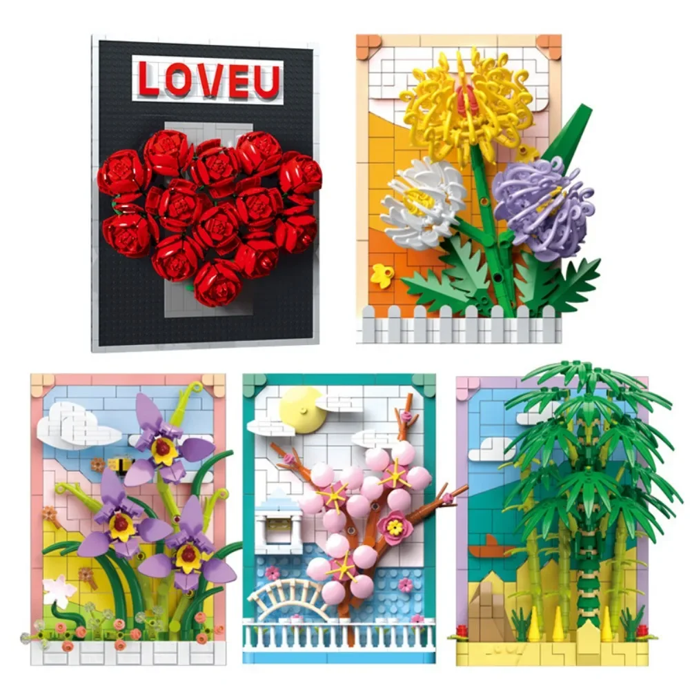 Flower Bouquet Building Blocks Simulated Rose Chrysanthemum Photo Frame Assembly Model Kids Puzzle Toy Desktop Decoration Gifts