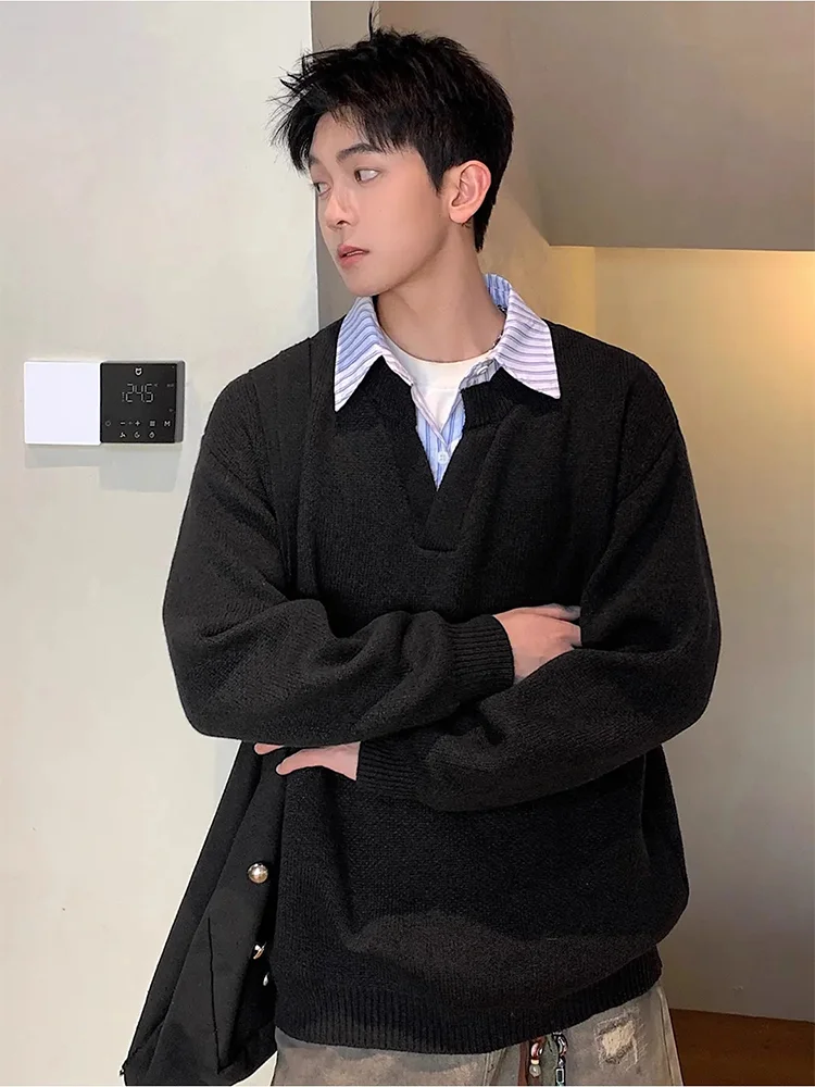 

Bla irt Collar Sweater Loose Fit Men Women Autumn Winter Casual Sle Knitted Outerwear Fake Two-Piece Design Long Sve