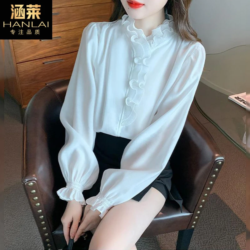 Lace Chiffon Shirt for Women in Spring Standing Collar Flower and Wood Ear Splicing Long Sleeved Elegant Versatile Top