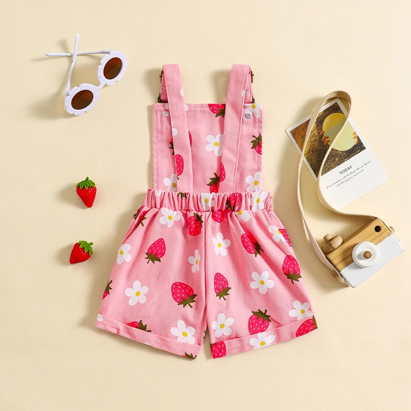 Little Girl Denim Overalls Flower Strawberry Print Jeans Overalls Strap Suspender Shorts Outfit