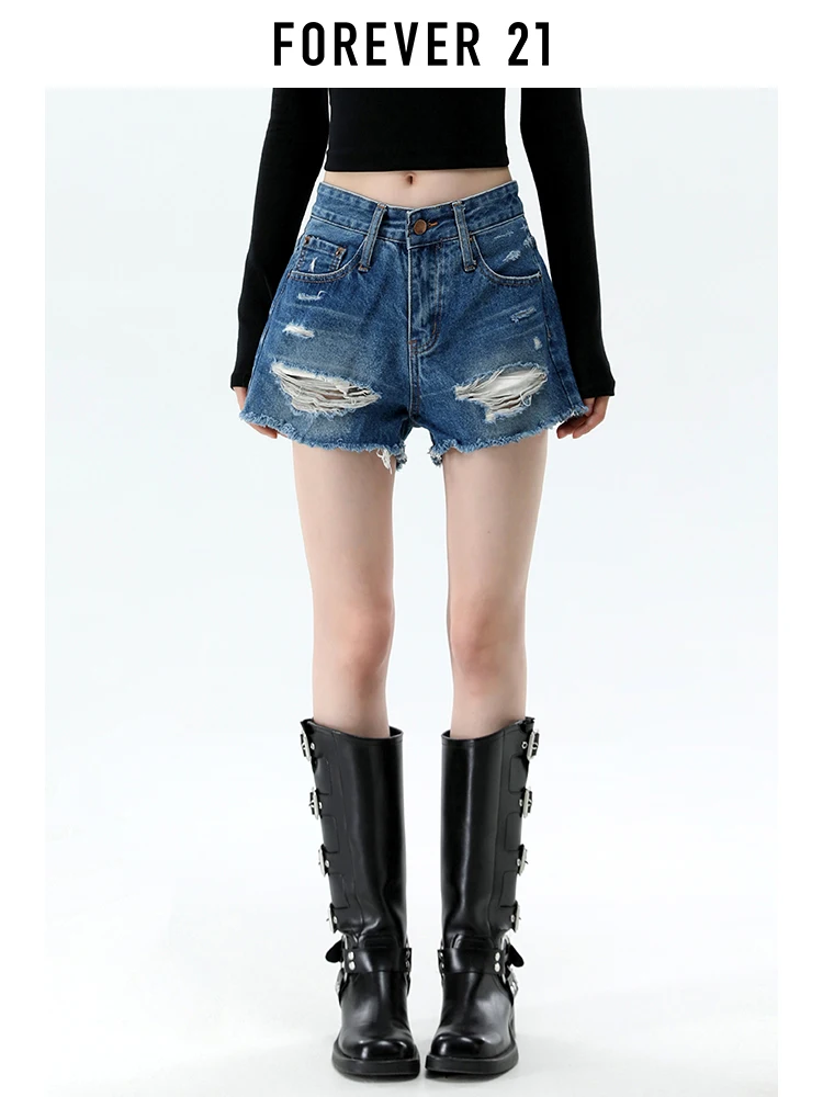 Shorts de Mezclilla Azul Oscuro Estilo Retro Americano Forever 21 para Mujer, Pantalones Cortos de Verano, Cintura Alta, Pierna Recta
