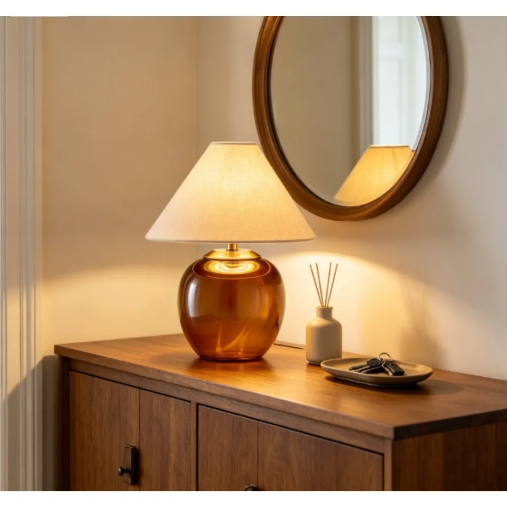 Better Homes & Gardens 8.5-inch Amber Glass Rechargeable LED Portable Desk Lamp with Dimmable Touch Sensor