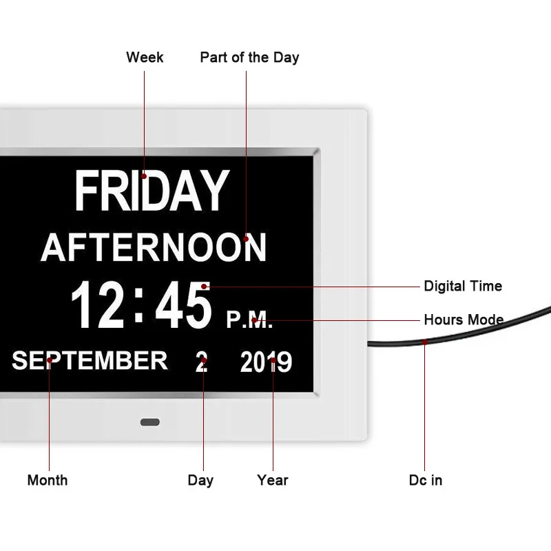 7-Inch Large Digital Clock with Calendar and Alarm, Ideal for Seniors and Dementia Patients, Clear White Display