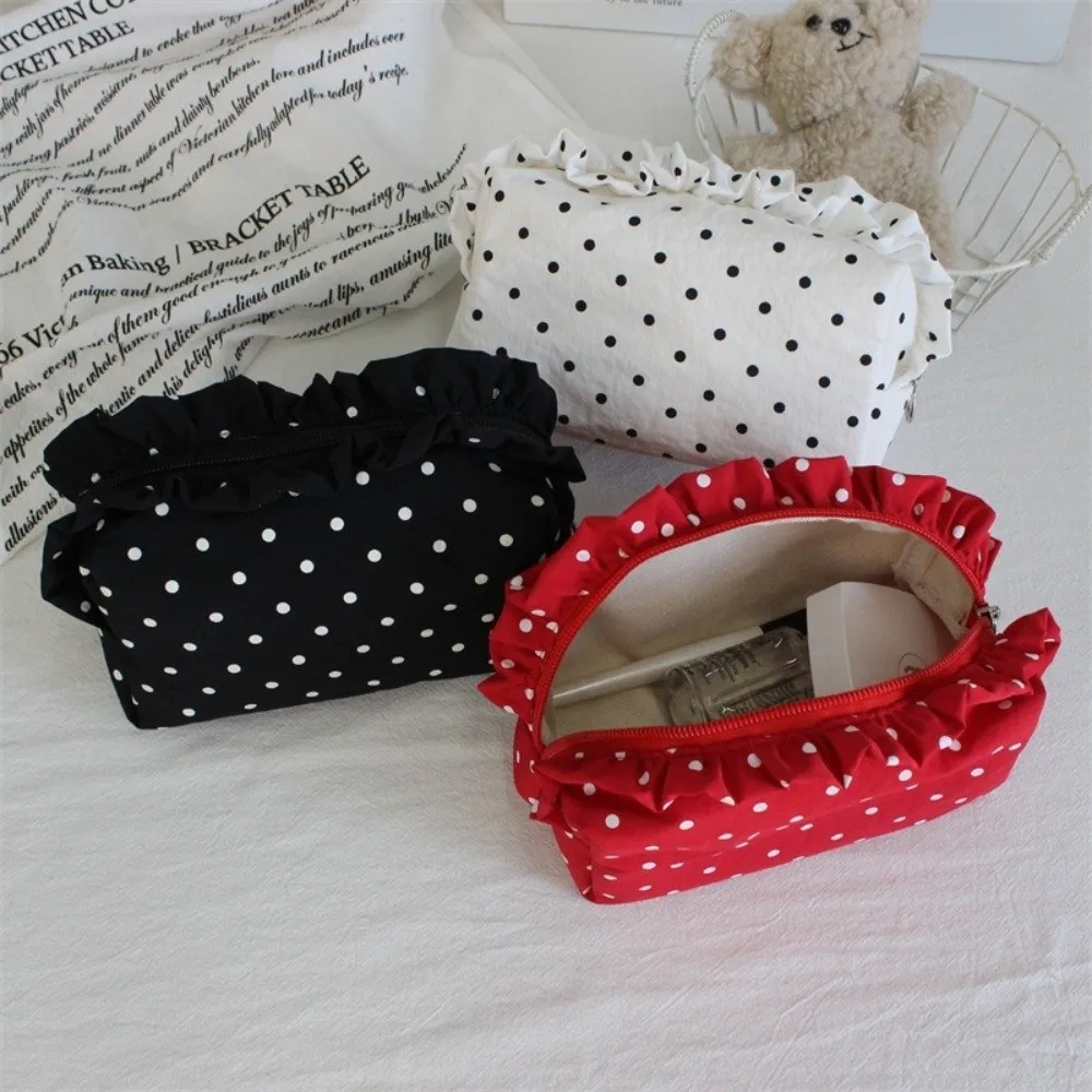 Polka Dot Cosmetic Bag Portable Ruffle Edge Decor Travel Storage Organizer Multi-use Minimalist Design Makeup Pouch For Students
